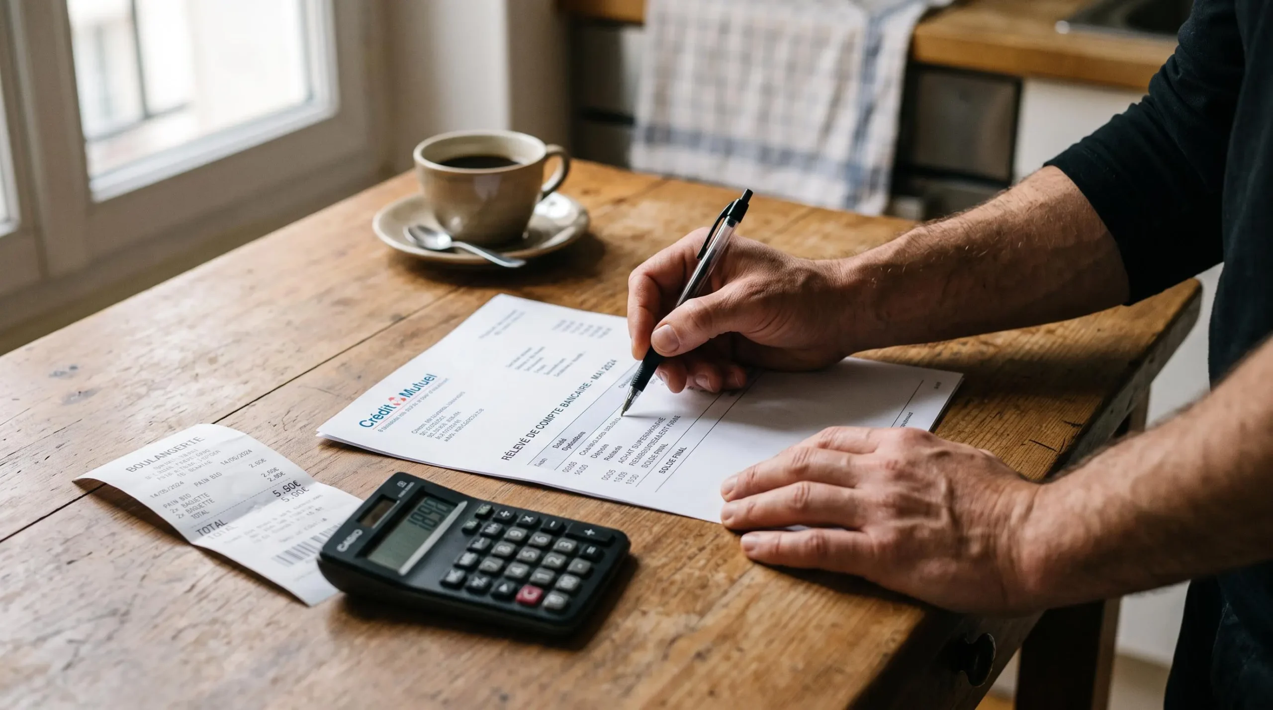 Des mains comparent un relevé bancaire imprimé avec une calculatrice posées sur une table de cuisine.