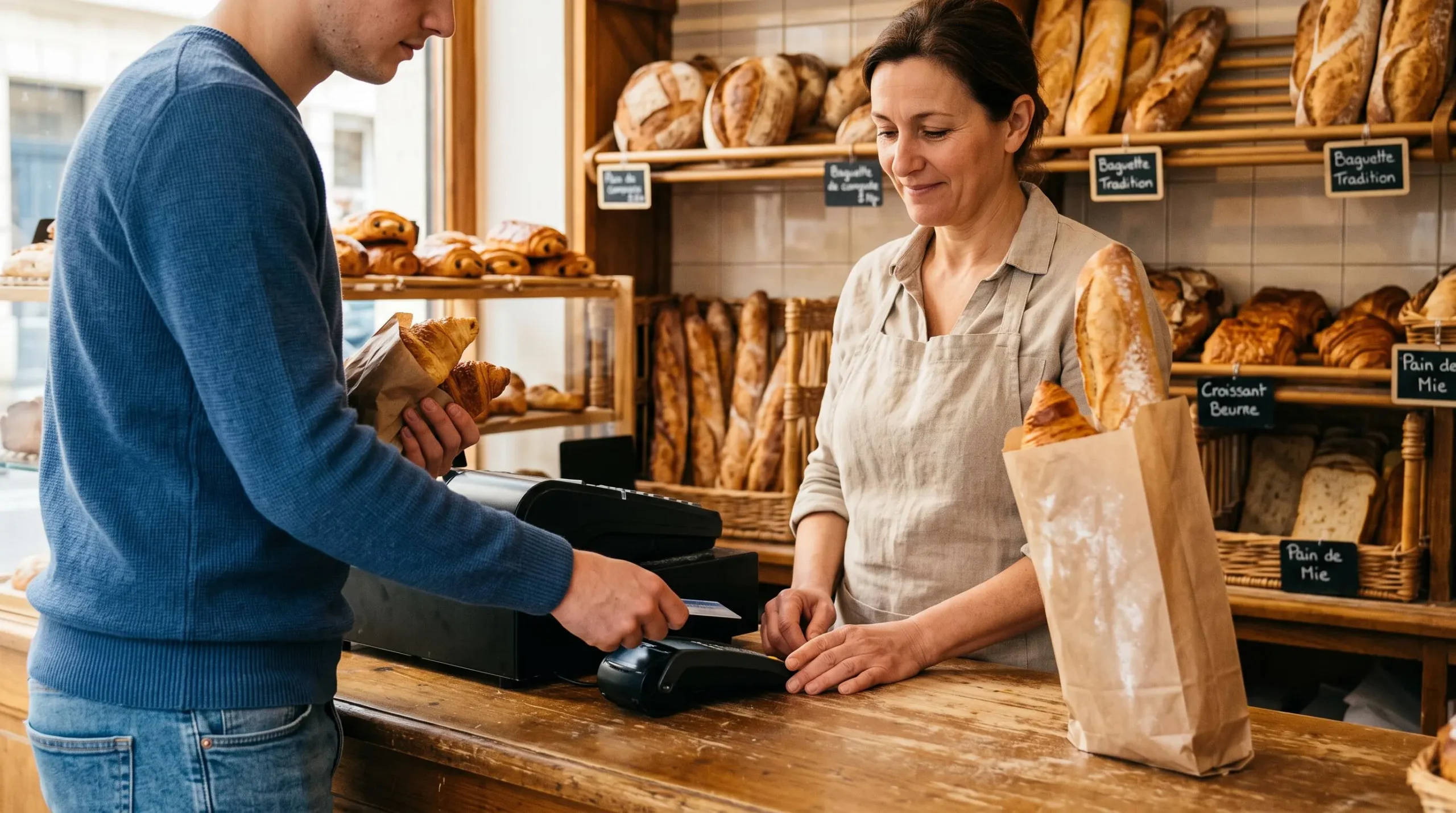 Un jeune homme paie son pain par carte sans contact au comptoir d'une boulangerie de quartier.
