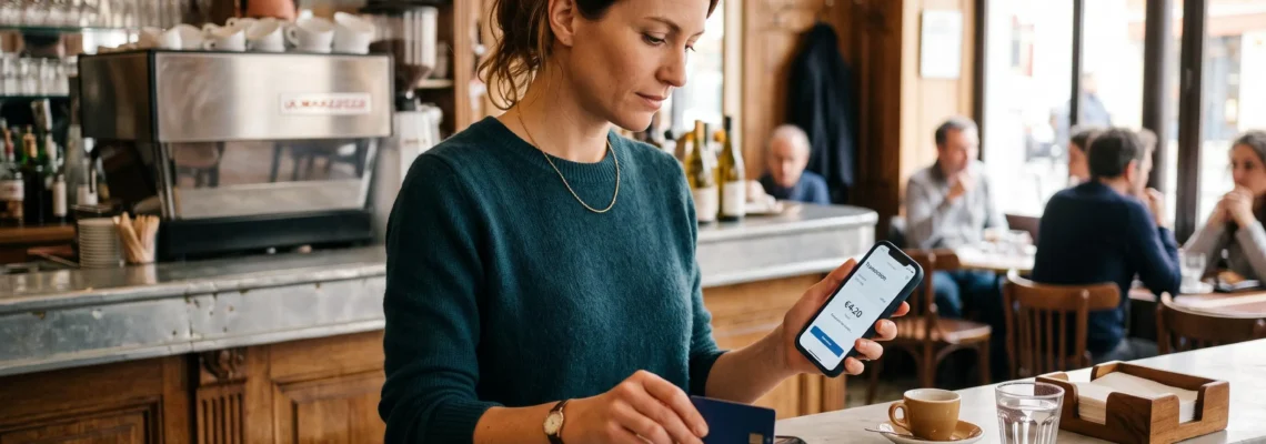 Une femme valide un paiement sans contact par carte dans un café tout en consultant son application bancaire sur son téléphone.