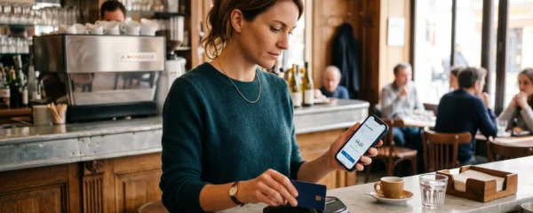Une femme valide un paiement sans contact par carte dans un café tout en consultant son application bancaire sur son téléphone.
